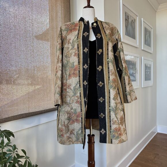 Silhouettes Tapestry Jacket Womens Size 14 Mandarin Collar Brass Buttons Vintage - Picture 1 of 9